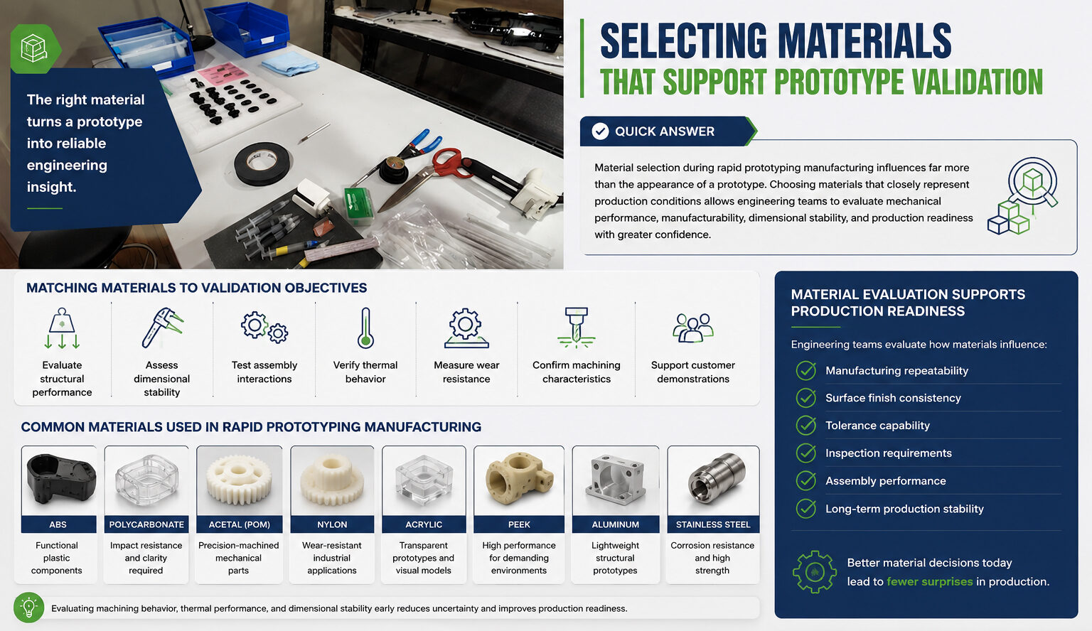 Prototype validation material selection infographic featuring ABS, polycarbonate, nylon, acrylic, PEEK, aluminum, and stainless steel